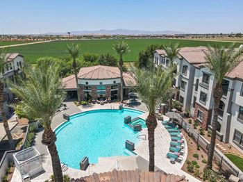 an aerial view of a swimming pool surrounded by palm trees